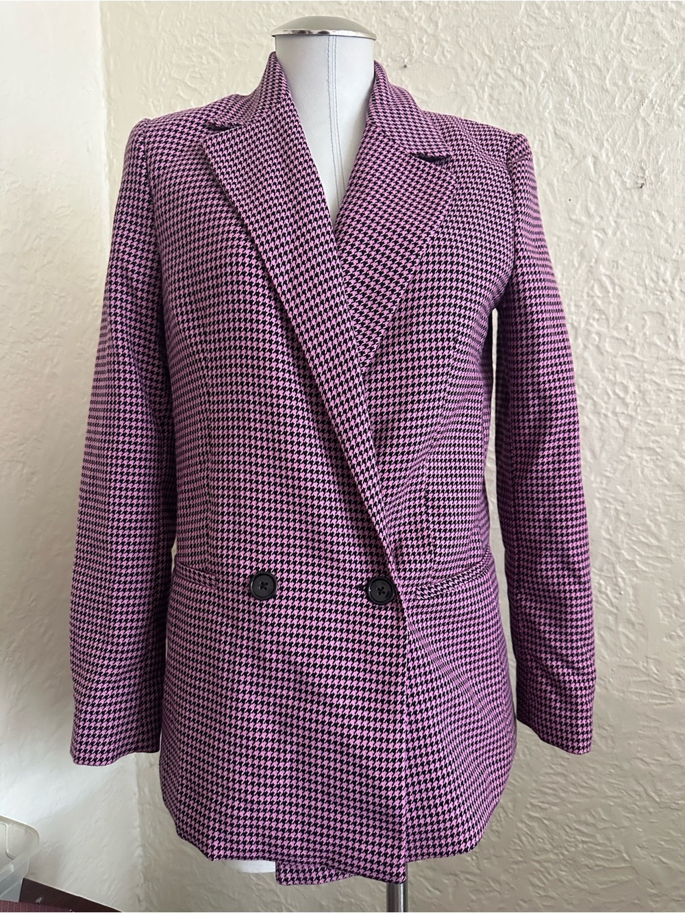 Mango Women’s Double-Breasted Pink Black Houndstooth Blazer Small NEW NWT
